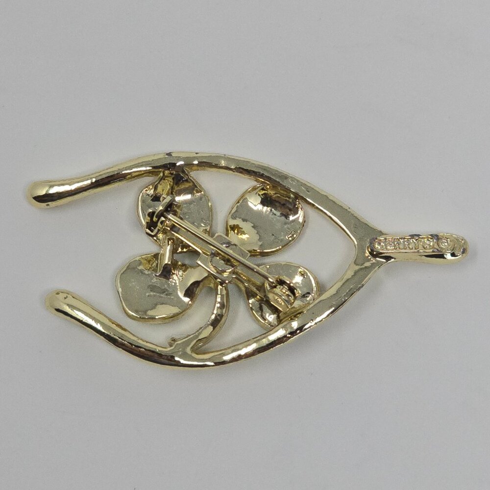 Vintage Gerry’s Lucky Wishbone Brooch Green Clover Faux Pearl Gold Tone - Picture 3 of 7